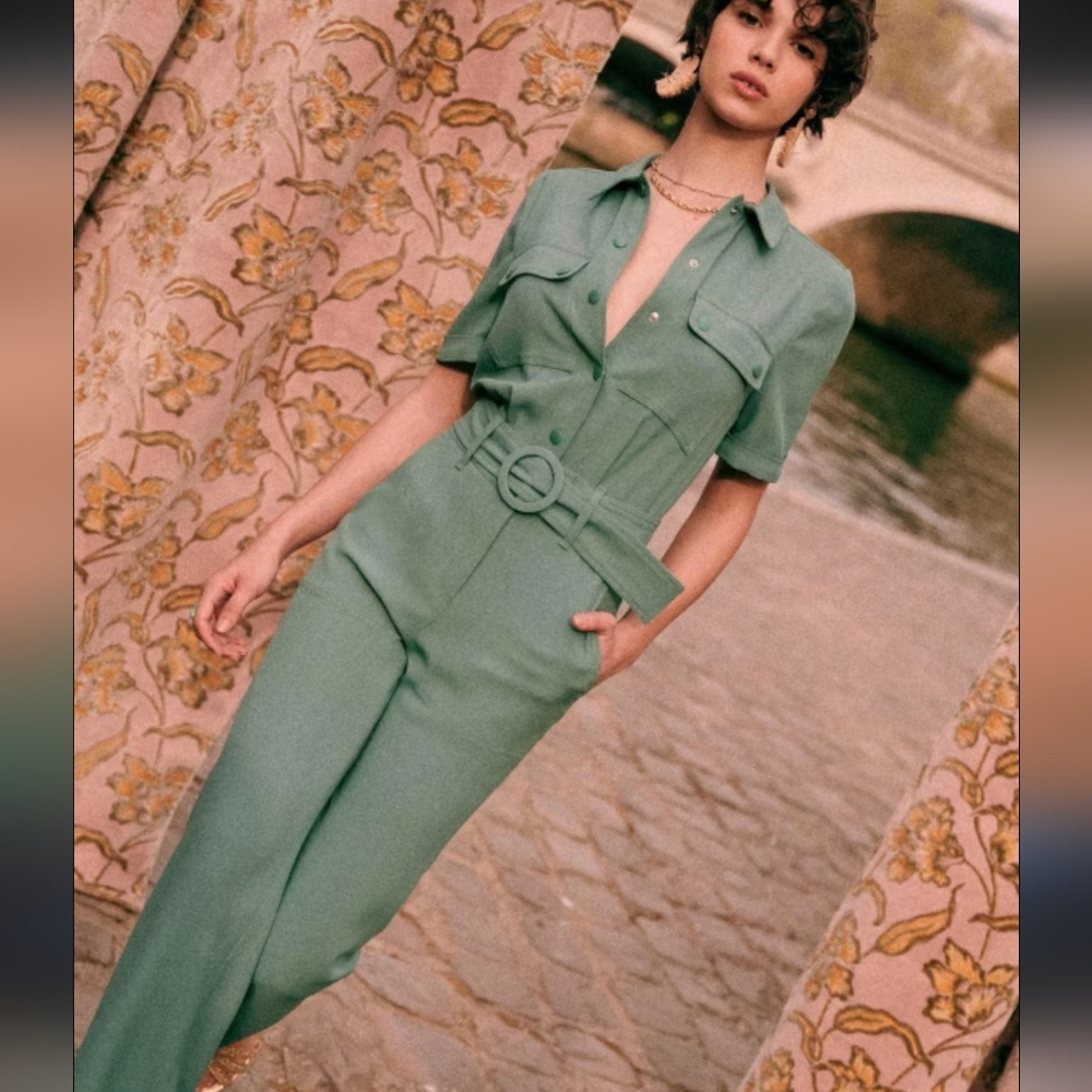 Sezane Manhattan Sage Green Jumpsuit Size 38